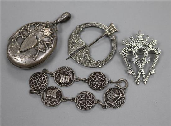 A Victorian silver locket, an Iona brooch and bracelet and one other Scottish silver brooch.
